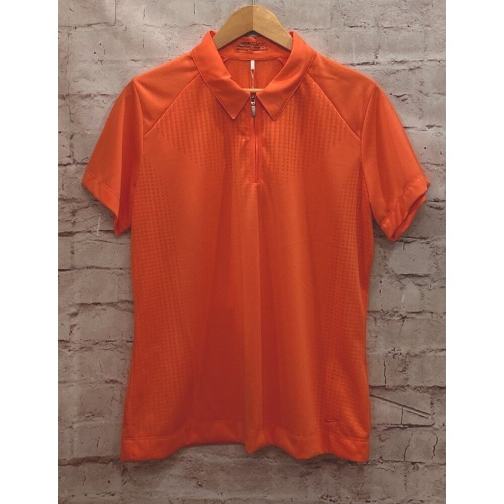 Nike GOLF Womens Polo Shirt Zipper Front Collar Orange Mesh Vented Size L NEW